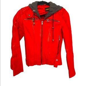 Red leather motorcycle jacket with grey interior attached sweatshirt hood